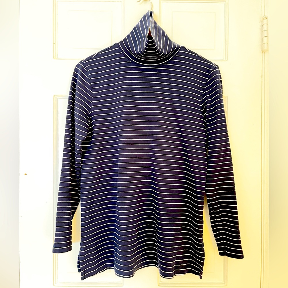 Lands End Stripe Turtleneck Long Sleeve Womens Medium Navy White Stripes